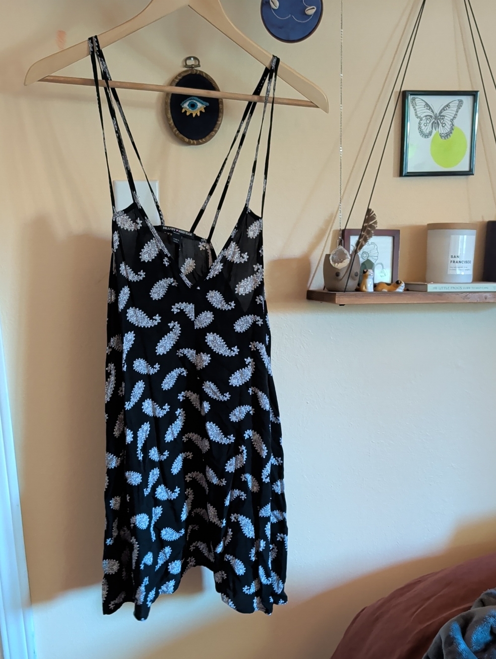 Brandy Melville Black Mini Slip Dress with White Floral Print
